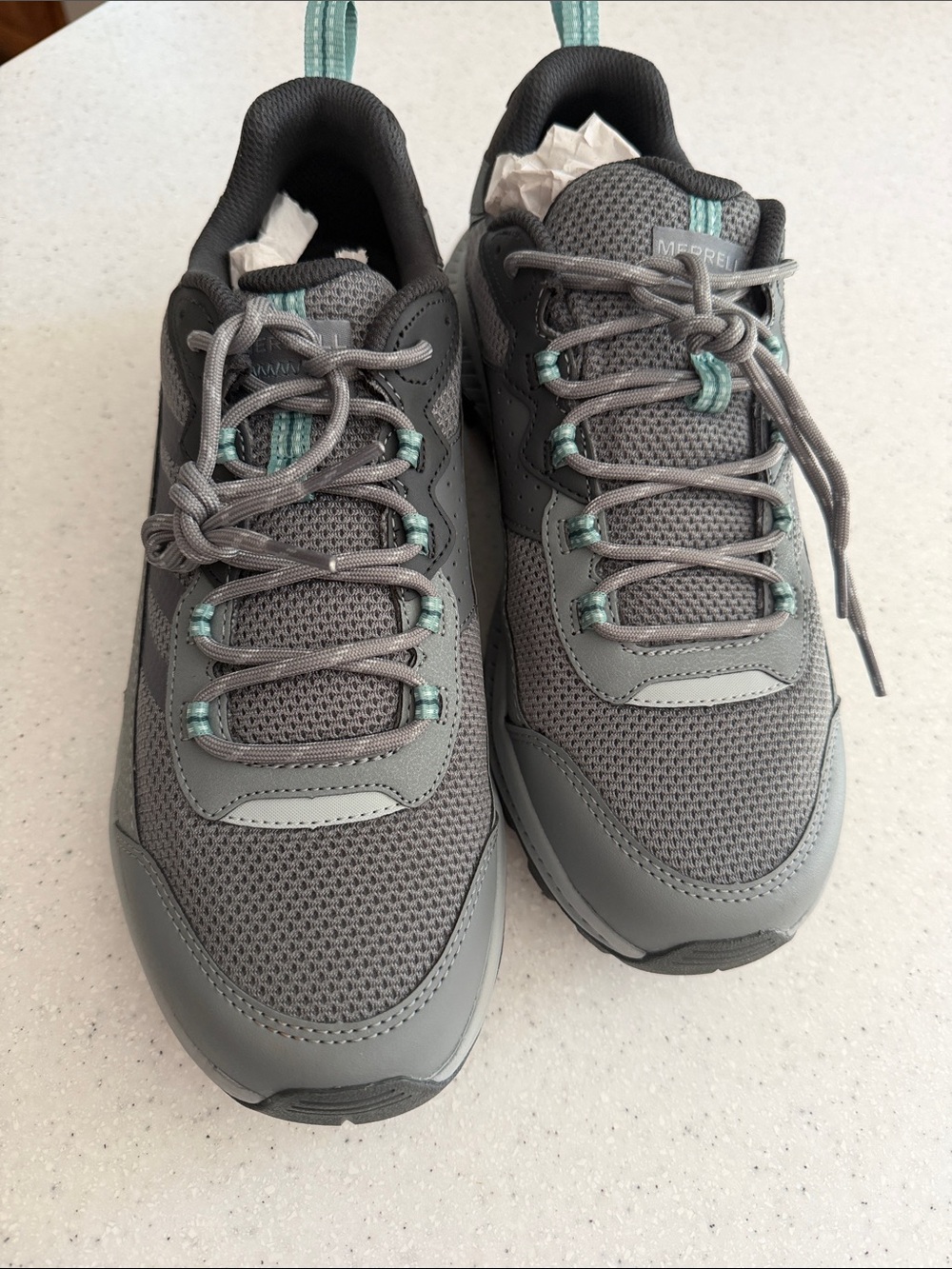 Merrell Gray Speed Strike 2 athletic shoes with teal highlights NWOT 11